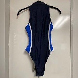 Black white and blue one piece bathing suit